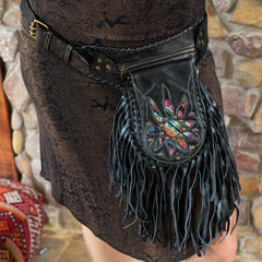 Black Bohemian Leather Festival Belt with Tassels and Embroidery