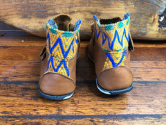 Size 34 Kids Adventure Boots - Blue and Yellow Zigzag on Caramel