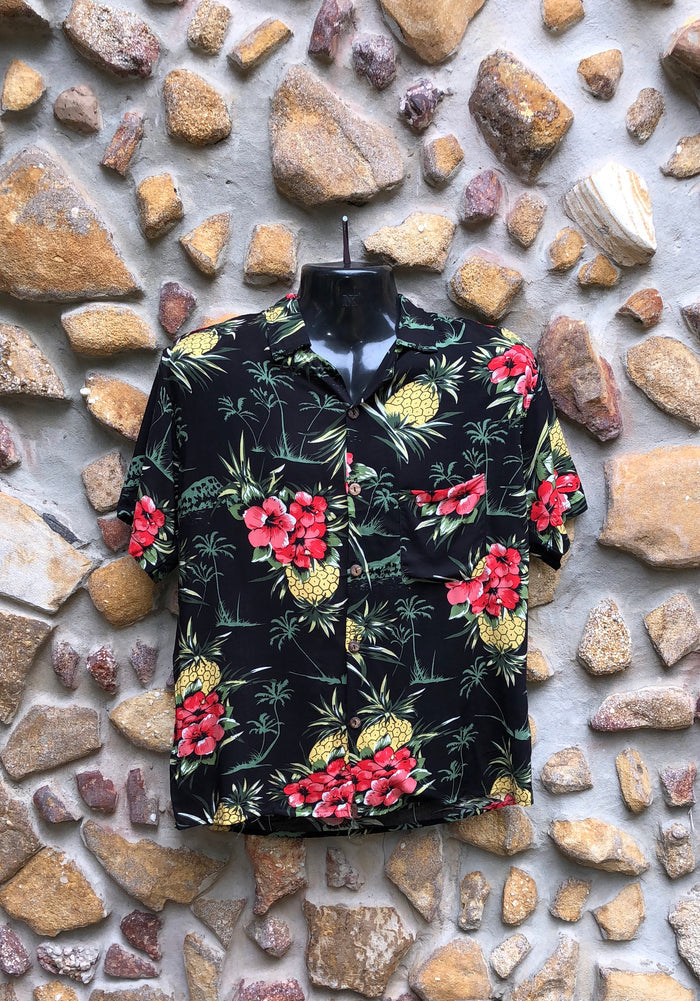 Small Love Shirt - Red Flowers and Pineapples on Black
