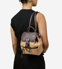 Women's Alexandria Flap Small Backpack-Natural Raffia-Dark Chocolate