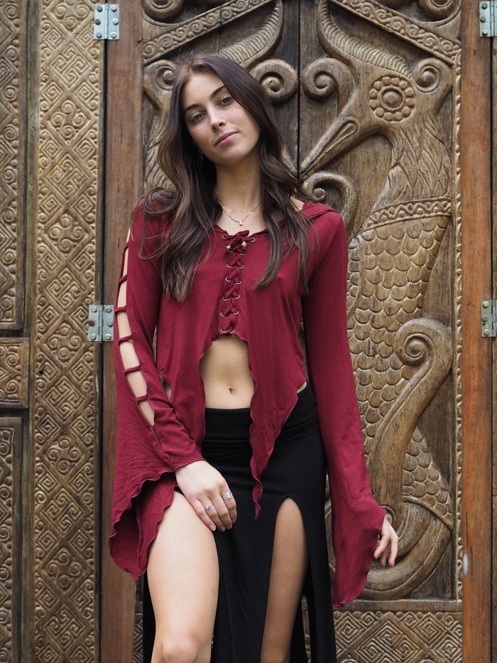 Medieval Hooded Stretch Top - Crimson