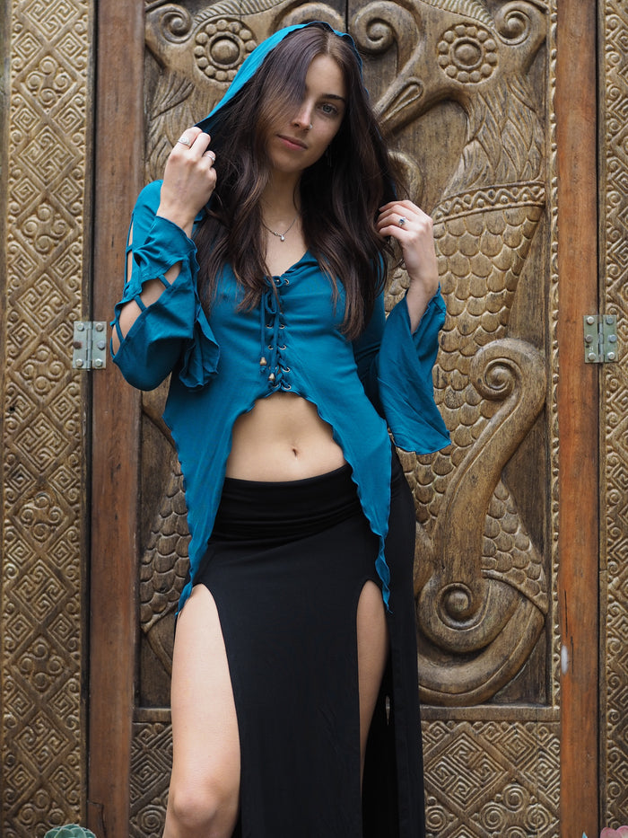 Medieval Hooded Stretch Top - Teal