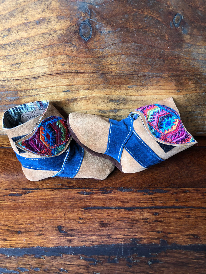 Size 19 Baby Ninja Boots - Tan and Blue Rainbow Rhombus