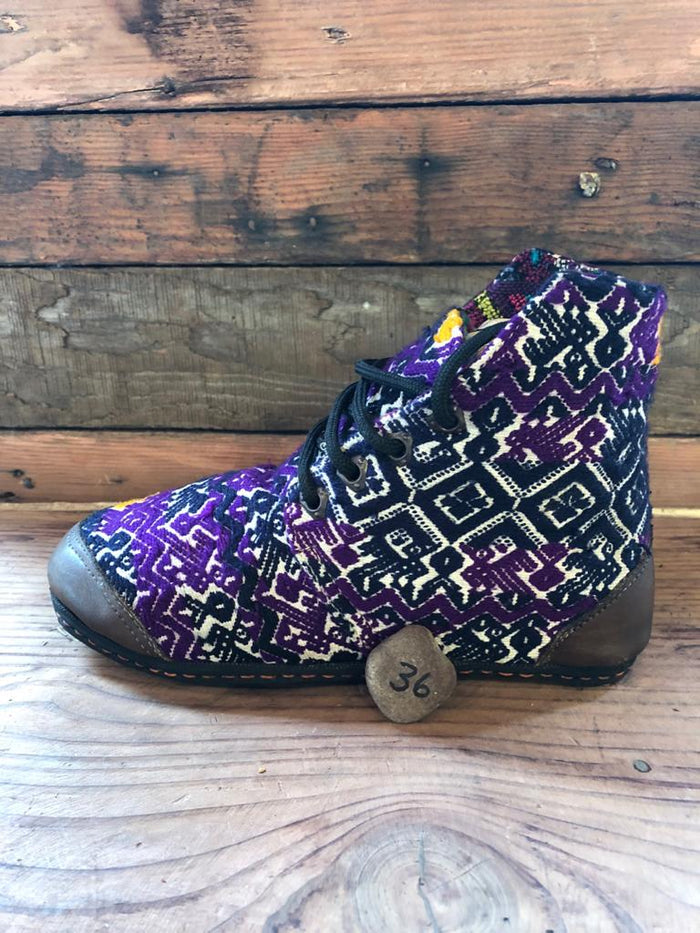 Size 36 Cloth Moccasins Black and Purple Birds and Diamonds