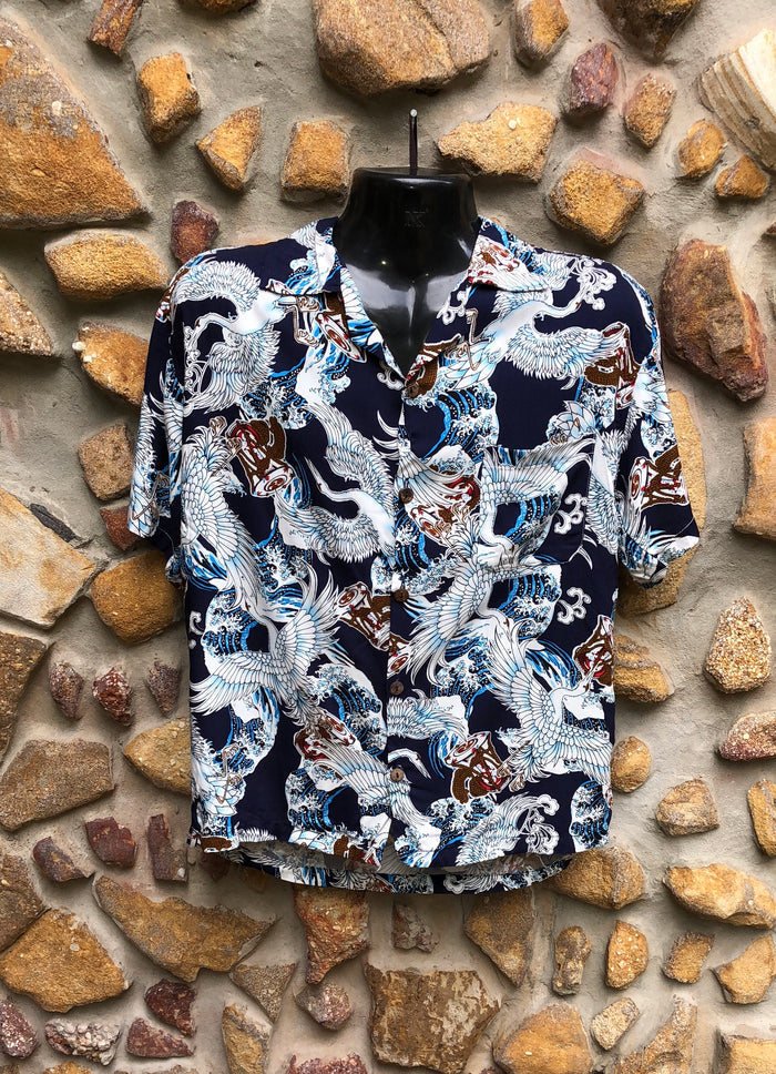Small Love Shirt - Cranes on Navy Japanese Print